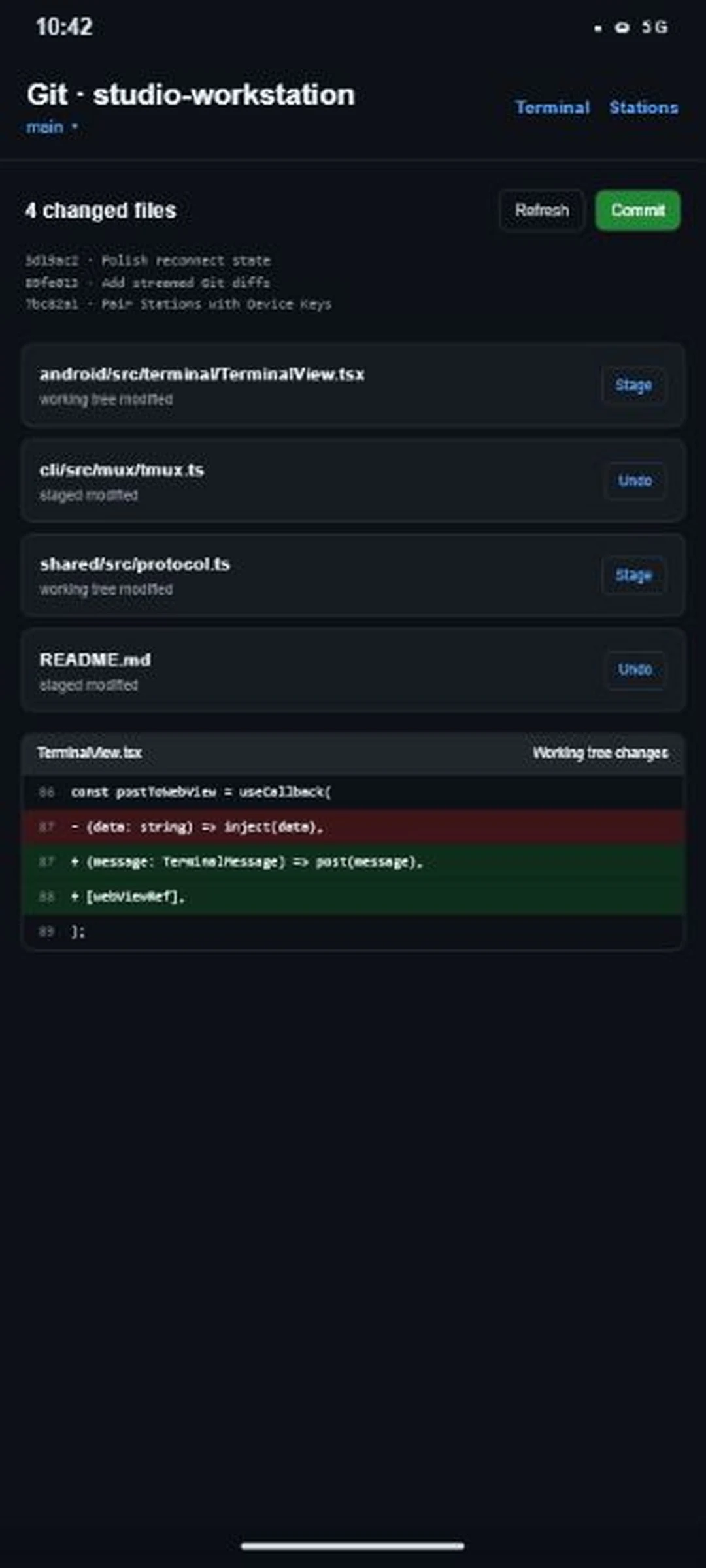 Mobily Git workflow showing changed files, staging actions, and a code diff